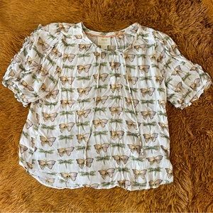Maeve White Blouse Dragonfly Moth Butterfly Anthropologie 14 XL Lightweight EUC